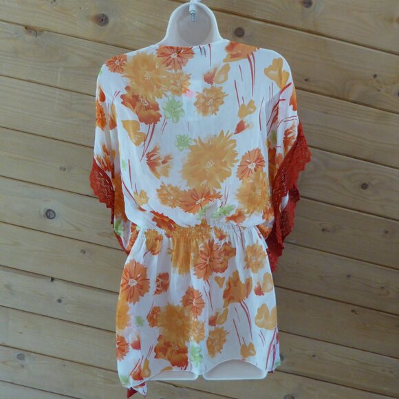 Kohinoor Orange Floral Crochet Lightweight Cinched Blouse Tunic Top NWT - Picture 6 of 10